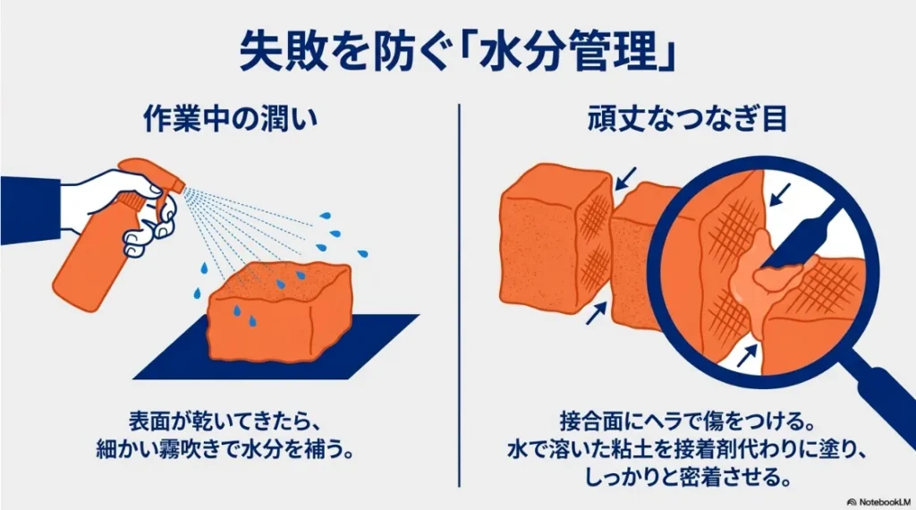 霧吹きでの水分補給と、ヘラで傷をつけた接合面に水溶き粘土を塗って接着する方法のイラスト