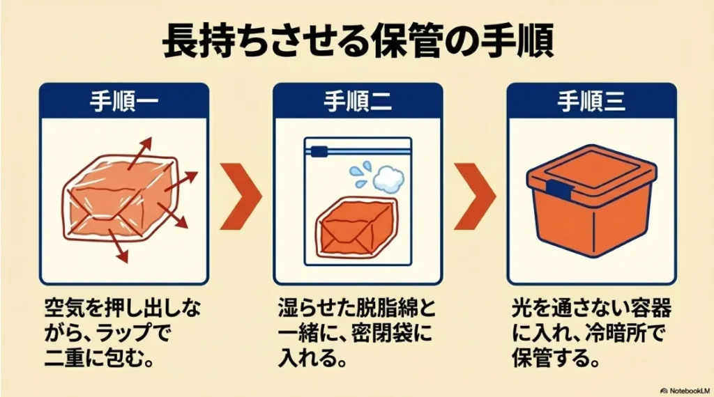 ラップでの二重包装、湿らせた脱脂綿との同封、密閉容器での冷暗所保管の3ステップ