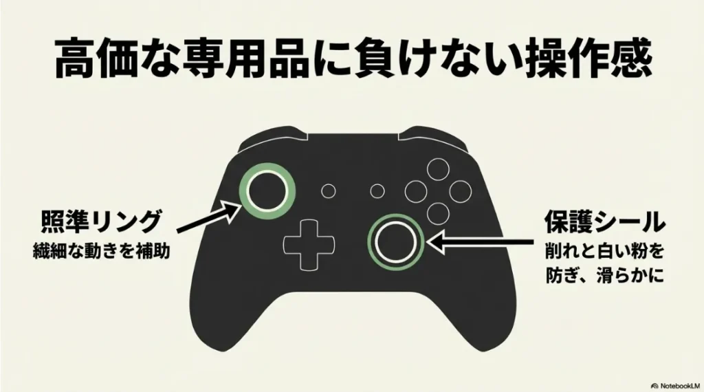繊細な動きを補助するエイムリングと、軸の摩耗を防ぐ保護シールの効果を説明する図解
