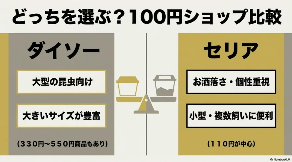 ダイソーは大型向け、セリアはお洒落・小型向けという特徴の違いをまとめた表