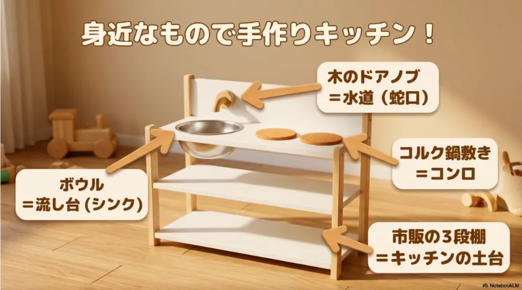 ドアノブを蛇口に、コルクをコンロにするなど、セリアのアイテムを活用したキッチンDIY例