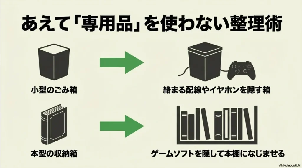 1dpダストボックスで配線を隠し、本型収納箱でソフトを本棚になじませるアイデア紹介