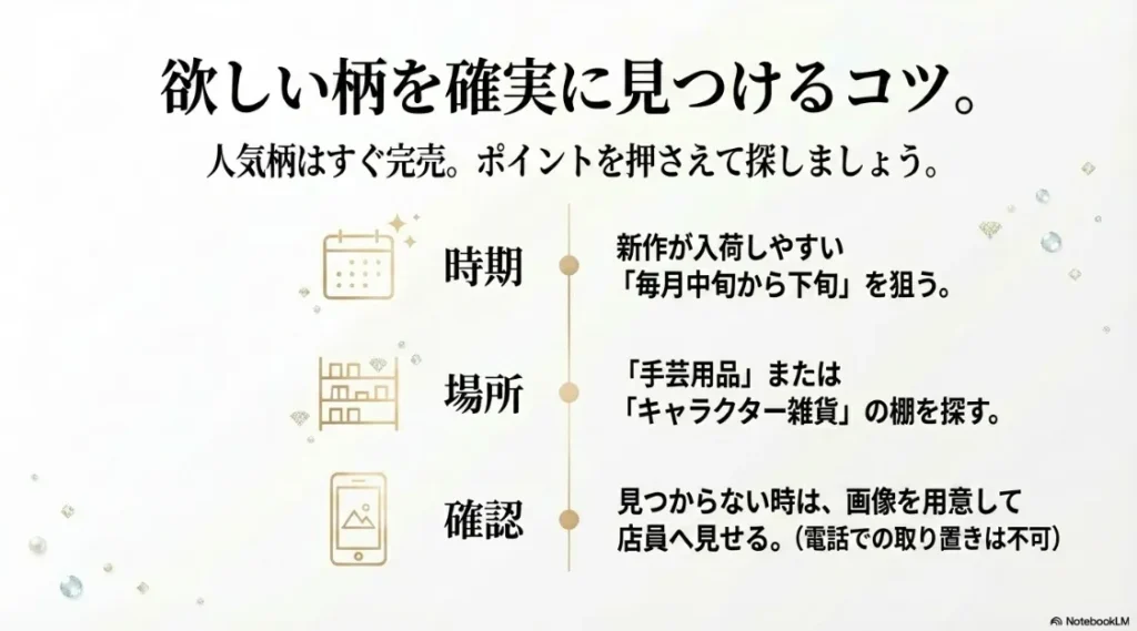 新作が入荷しやすい時期（毎月中旬〜下旬）や探すべき売り場、見つからない時の店員への確認方法をまとめたスライド