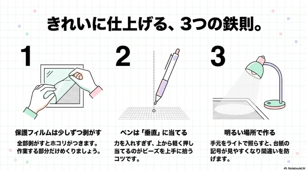 保護フィルムを少しずつ剥がす、ペンを垂直に当てる、明るい場所で作るという3つの重要なコツの解説