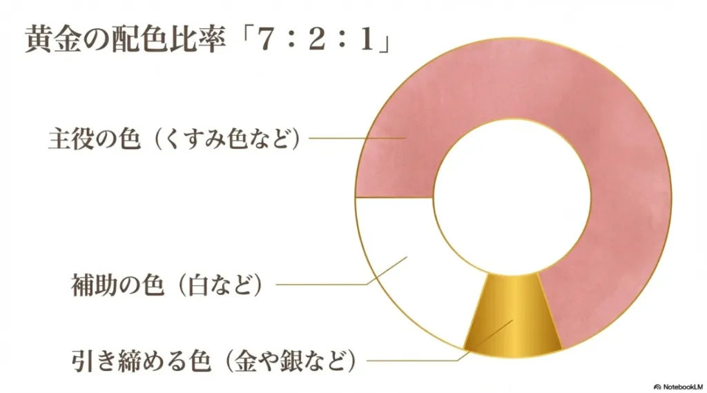主役の色（7割）、補助の色（2割）、引き締めるアクセントカラー（1割）の配色バランスを解説したスライド