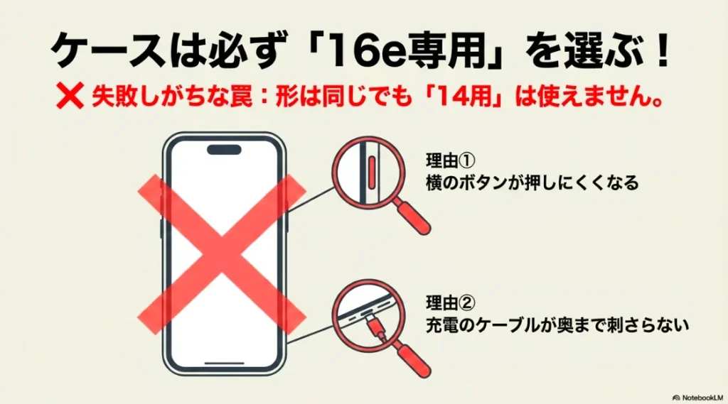 Phone 16eに14用ケースを使うとボタンが押しにくく充電ケーブルが刺さらない理由の解説図