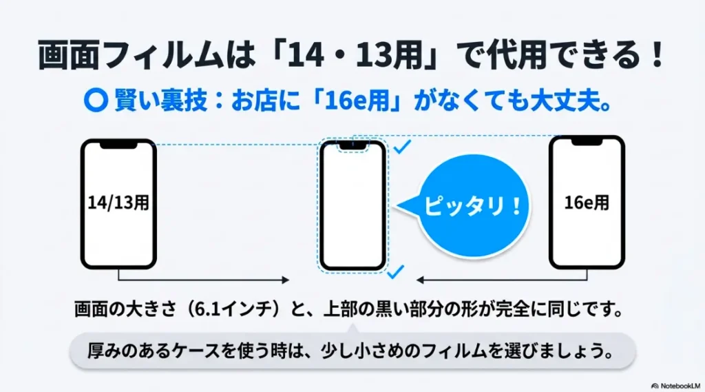 iPhone 16eと14/13の画面サイズ、上部ノッチ形状が共通であることを示す互換性ガイド