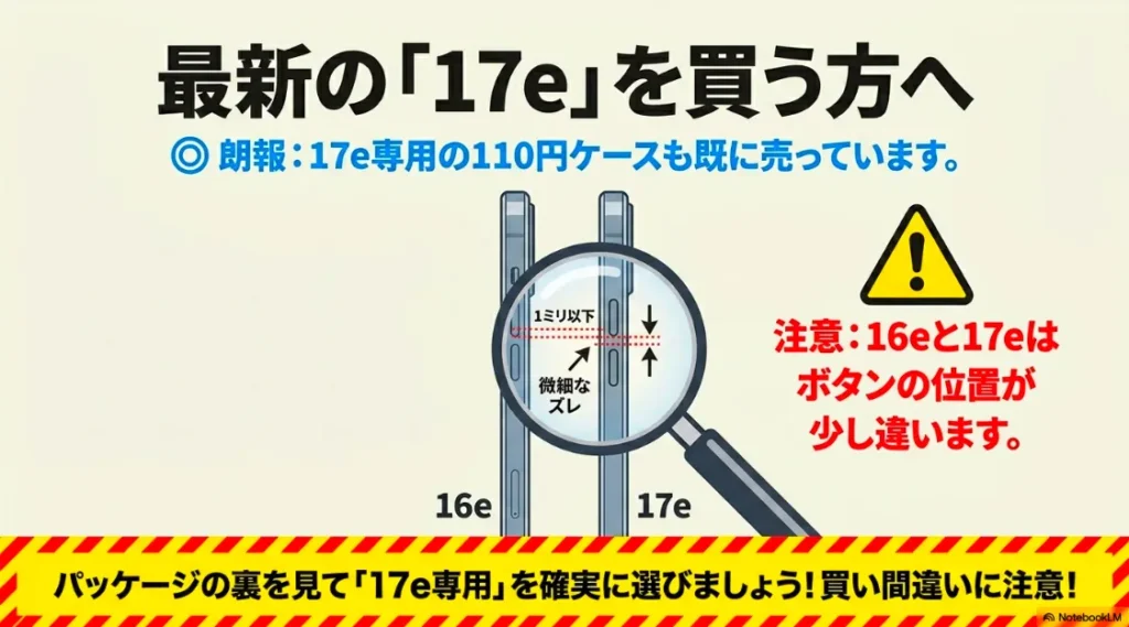 iPhone 16eと17eの側面ボタン位置が微細にズレていることを示す比較警告図
