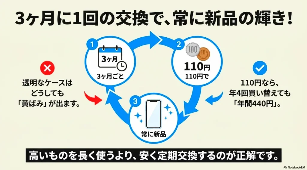 透明ケースの黄ばみを防ぐため3ヶ月ごとに110円で新品交換する運用のコスト解説