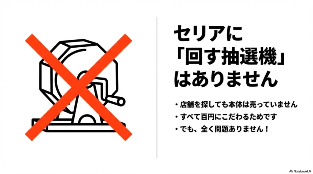 セリアに「回す抽選機」はありません 。すべて百円にこだわるというブランド方針が理由です
