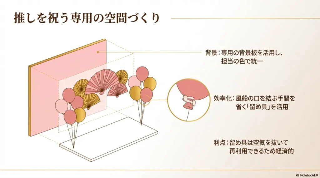 専用背景板を使った担当カラーの統一方法や、風船の準備を効率化し再利用もできる留め具のメリットを紹介したスライド
