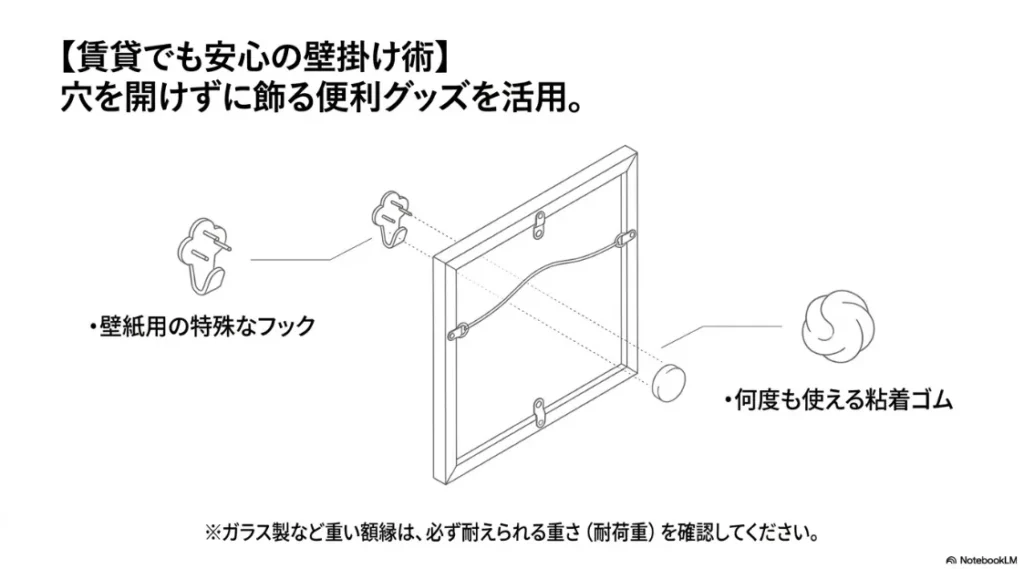 壁紙用フックや粘着ゴムを使用した、賃貸でも安心な壁掛け方法の図解