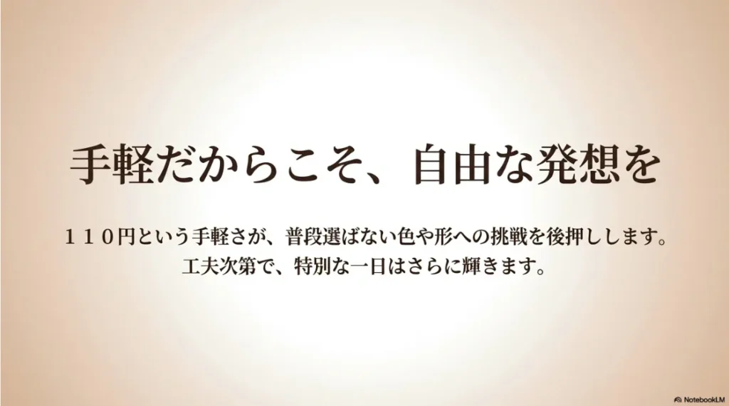 110円という手軽さがあるからこそ、自由な発想で普段選ばない色や形へ挑戦できることを伝える結びのスライド