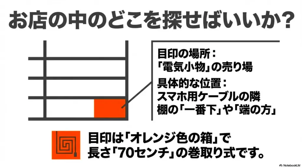 セリアの電気小物売り場にあるスマホケーブル隣の棚下段や端にある、目印の「オレンジ色の箱」を解説する画像