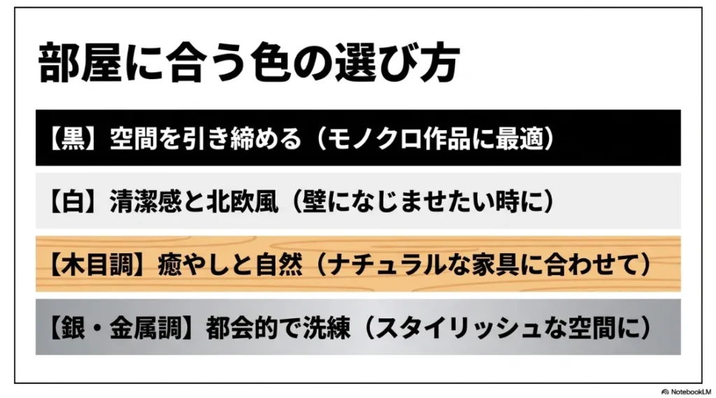 黒、白、木目調、銀・金属調それぞれの色がインテリアに与える印象と適した作品