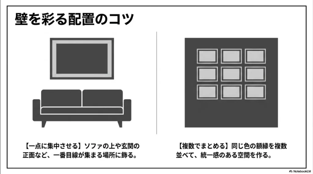 1点集中配置と、複数でまとめて飾る配置パターンのイラストによる解説
