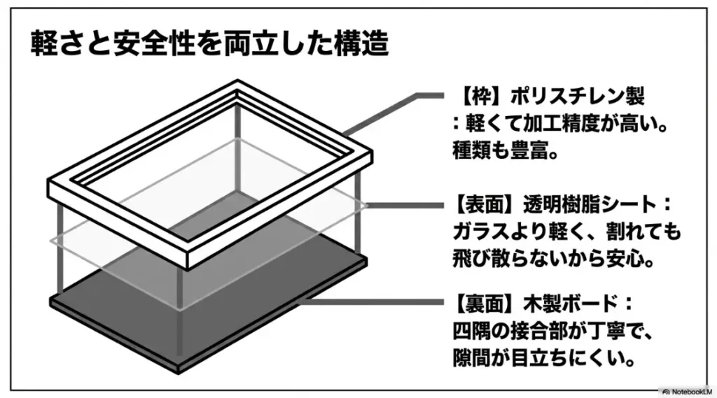 ポリスチレン製の枠、透明樹脂シートの表面、木製ボードの裏面など、素材と安全性の特徴