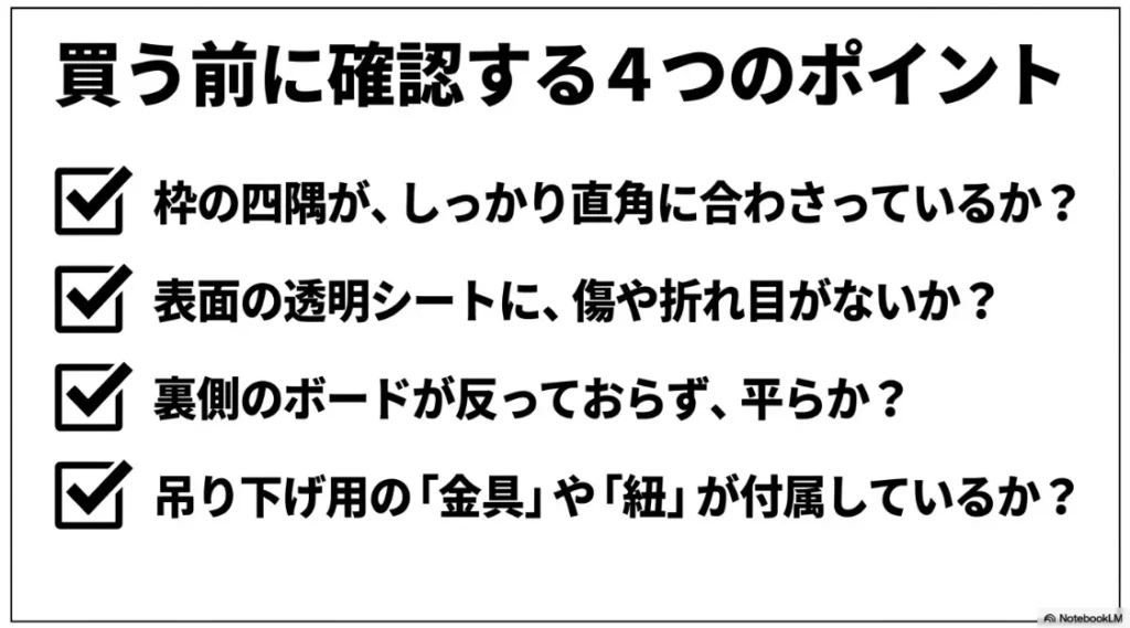 枠の直角、シートの傷、ボードの反り、金具の有無をチェックする購入時の注意点