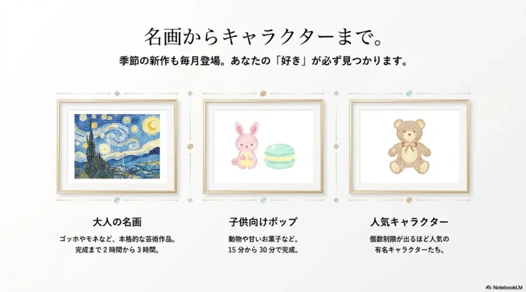「大人の名画」「子供向けポップ」「人気キャラクター」の3つのカテゴリーと、それぞれの特徴や作成時間の目安を比較したスライド