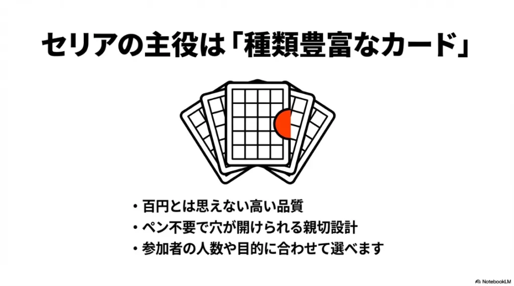 セリアの主役は種類豊富なカード 。ペン不要で穴が開けられる親切設計で、百円とは思えない高い品質です