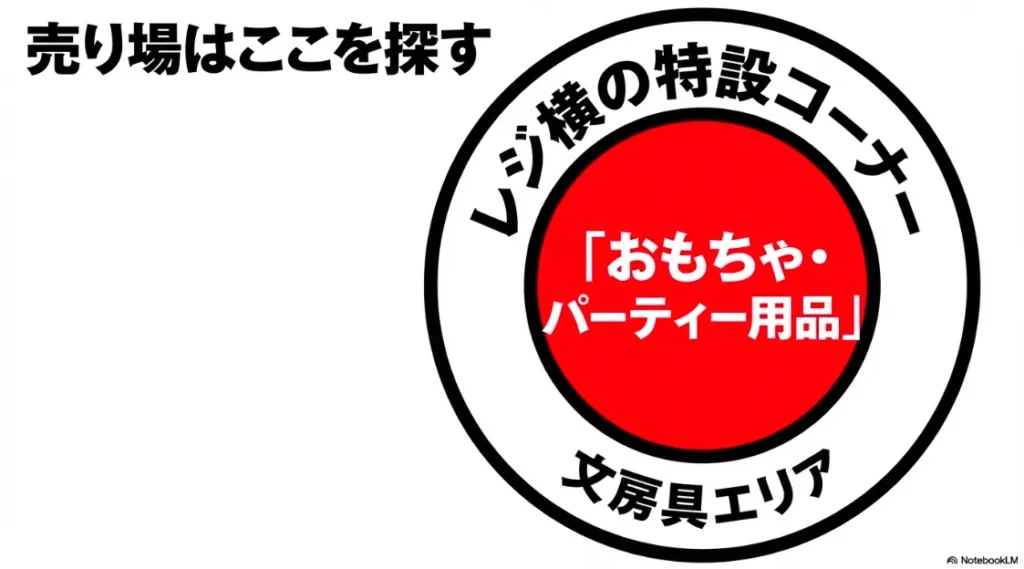 おもちゃ・パーティー用品エリアやレジ横特設コーナーなど、店内での探し方の案内