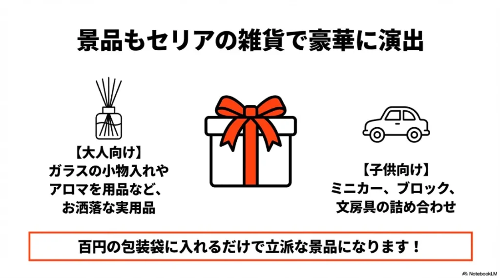 景品もセリアの雑貨で豪華に演出 。大人向けのお洒落な実用品や、子供向けの詰め合わせが立派な景品になります