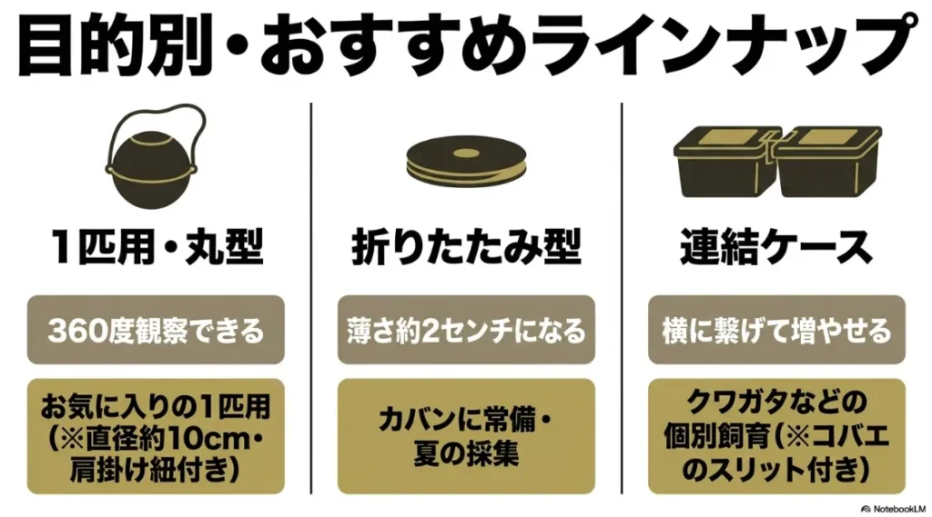丸型、折りたたみ型、連結ケースの3種類の特徴をまとめた比較スライド