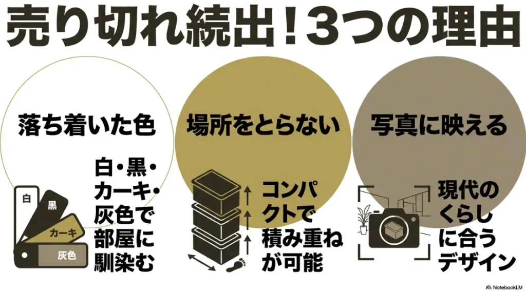 落ち着いた色、省スペース、写真映えという3つの魅力を解説したスライド