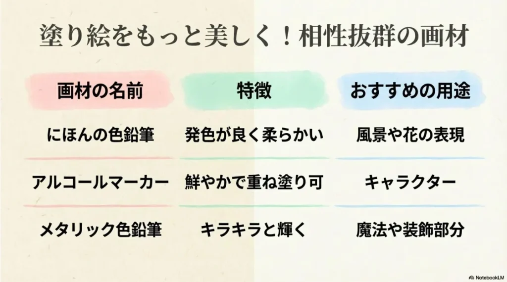 おすすめ画材の比較表。にほんの色鉛筆、アルコールマーカー、メタリック色鉛筆