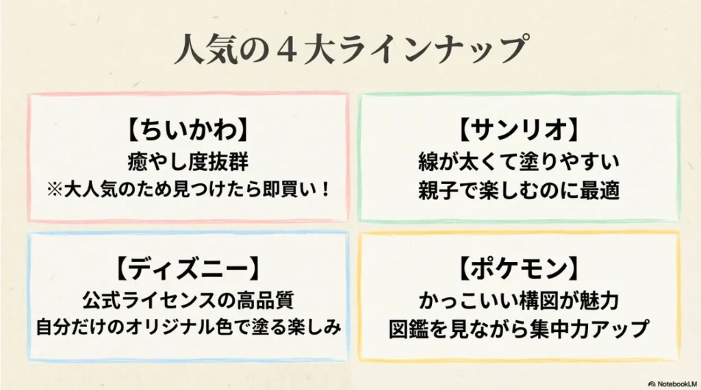 人気の4大ラインナップ。ちいかわ、ディズニー、サンリオ、ポケモン