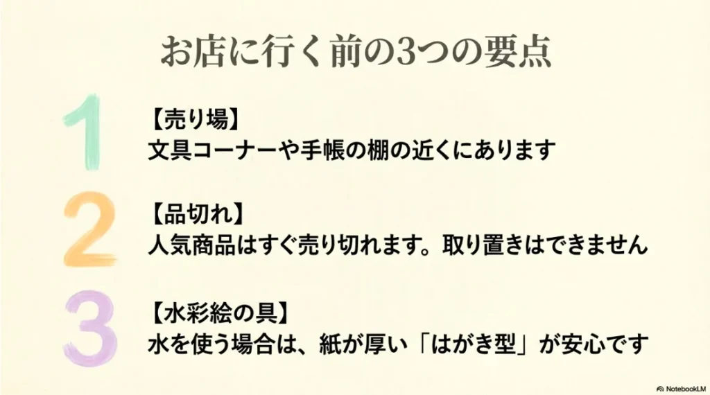 購入前の3つの要点。売り場の場所、品切れの注意、画材との相性