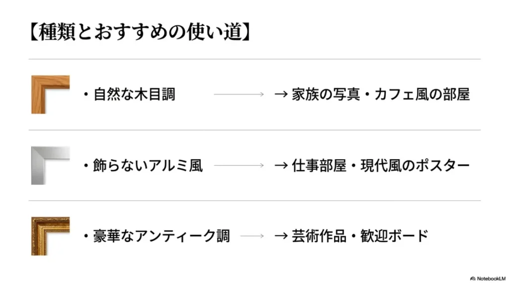 木目調、アルミ風、アンティーク調フレームの比較とおすすめの活用シーン