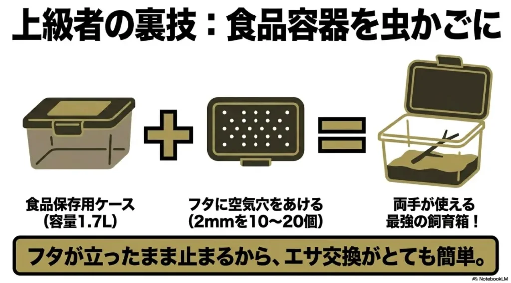 1.7Lの食品保存ケースを飼育箱として使う方法と、蓋が自立するメリットの解説