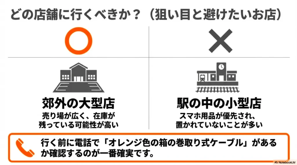 在庫が期待できる郊外の大型店と、在庫がないことが多い駅中小型店の違いを比較し、電話確認を推奨するイラスト