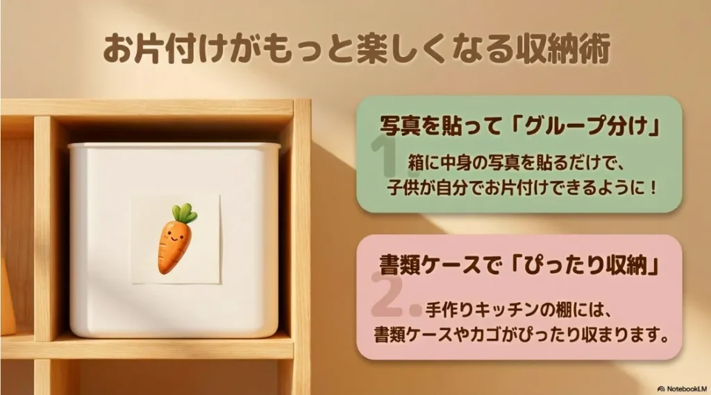 写真を使ったグループ分けや、書類ケースを活用した「ぴったり収納」のアイデア