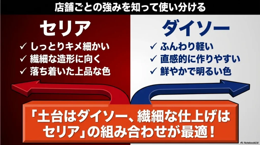 セリア（繊細な造形）とダイソー（直感的な作りやすさ）の粘土の特性比較と組み合わせ術