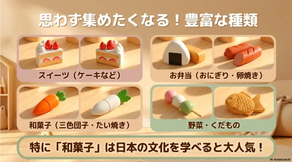 スイーツ、お弁当、和菓子、野菜、くだものなどセリアで揃う豊富な木製玩具の種類