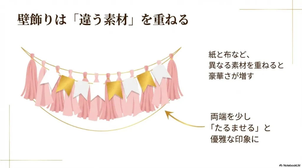 紙と布など異なる素材を重ねて飾り、両端を少し「たるませる」ことで優雅な印象を演出するテクニックのスライド