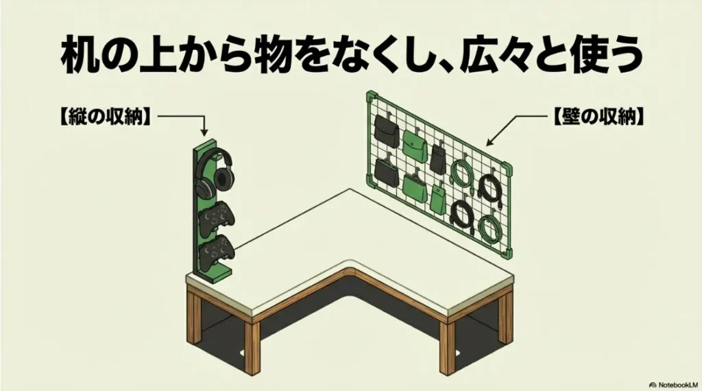 縦型スタンドやワイヤーネットを活用し、コントローラーや周辺機器を浮かせて収納する術