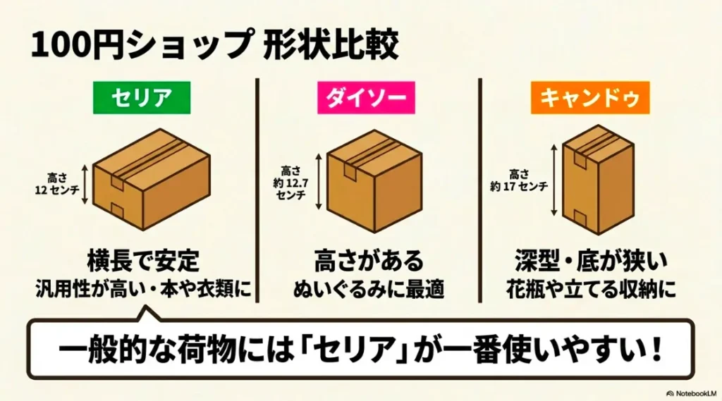 セリアは横長、ダイソーは高さ重視、キャンドゥは深型など、各社の形状の違い