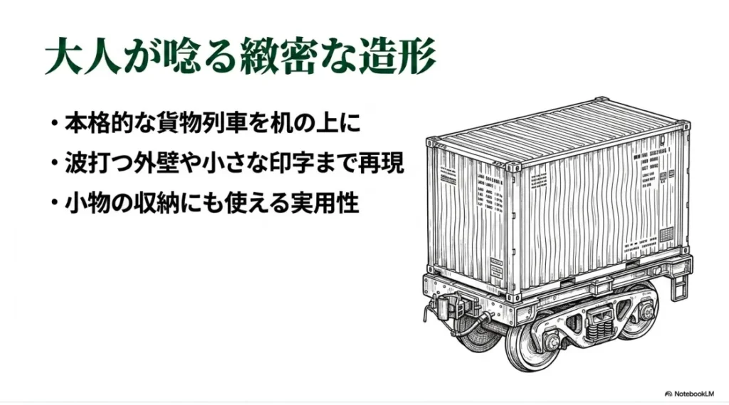 本格的な貨物列車を机の上で再現できるよう、波打つ外壁や小さな印字まで再現されたブリックコンテナと台車のイラストスライド画像