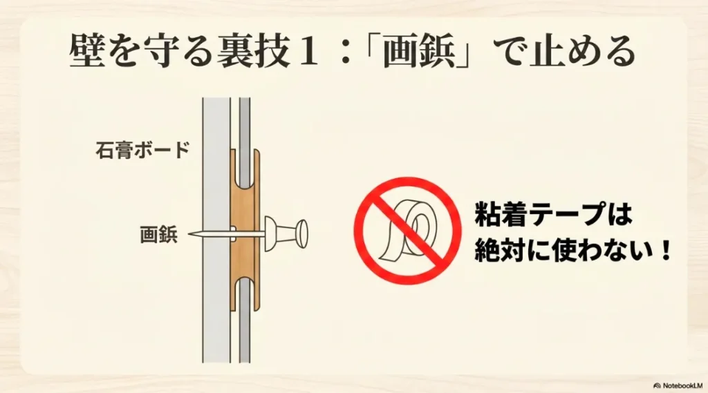 石膏ボードに画鋲で配線カバーを固定する仕組みと粘着テープ使用禁止の注意