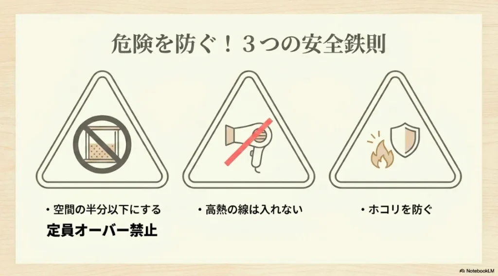 ケーブル占有率半分以下、高熱コード禁止、ホコリ防止の3つの安全対策