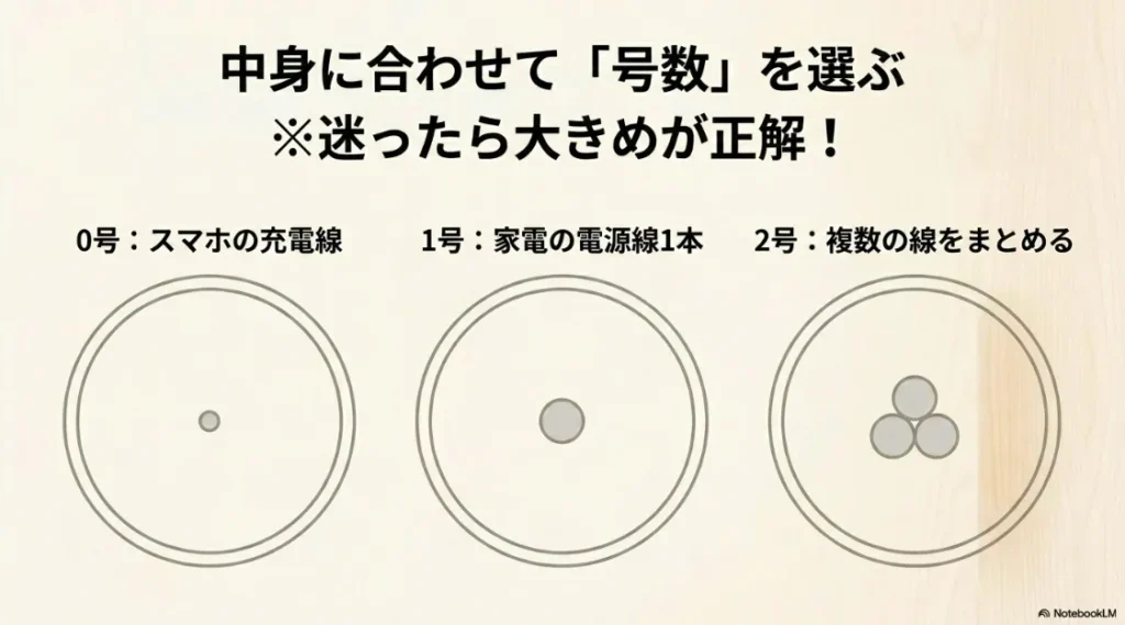 0号、1号、2号の配線カバーに適合するケーブルの種類と太さの比較図