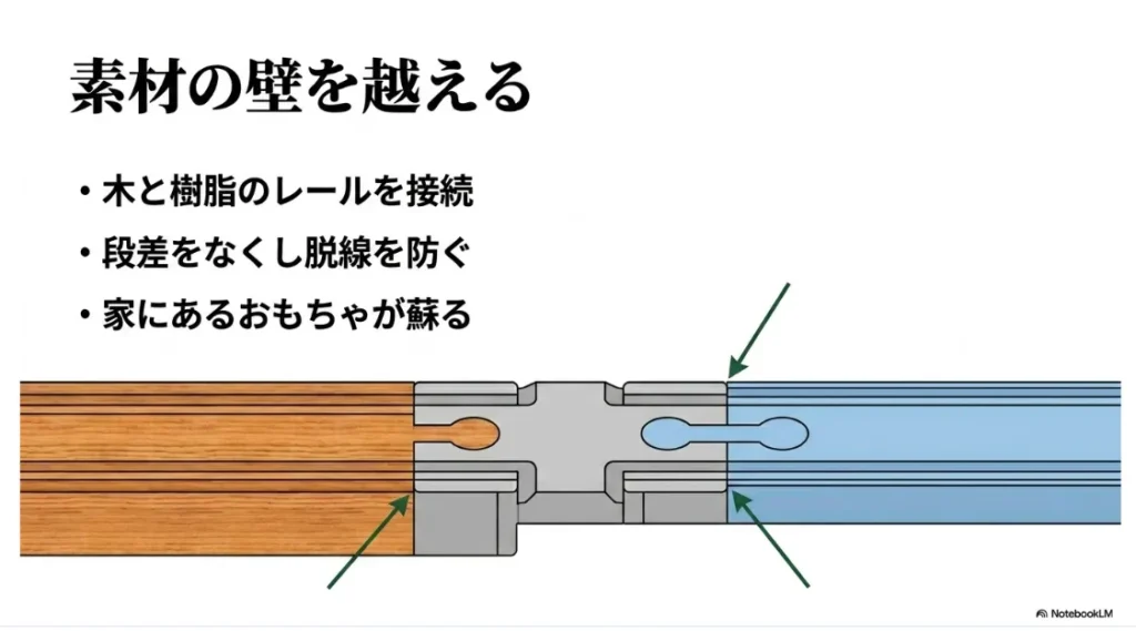 木と樹脂のレールを接続し、段差をなくして脱線を防ぐことで家にあるおもちゃが蘇るメリットをまとめたスライド画像