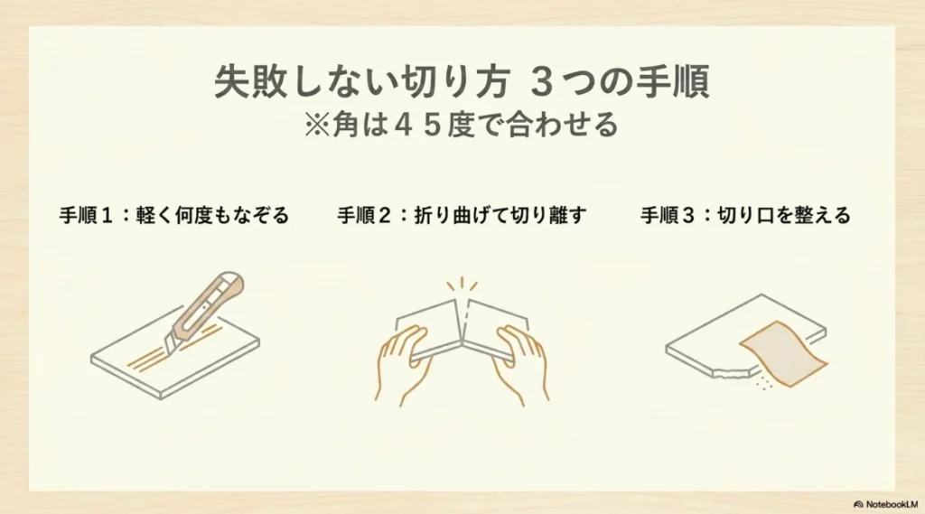 カッターでなぞり、折り曲げて切り離し、切り口を整える手順のイラスト