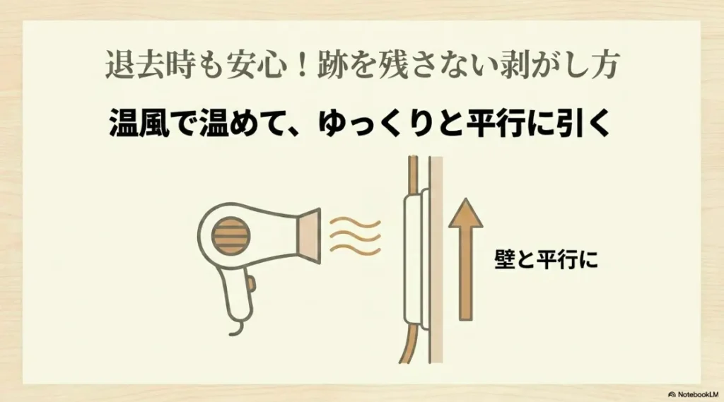 ドライヤーで温めてから壁と平行にゆっくり剥がす原状回復のテクニック