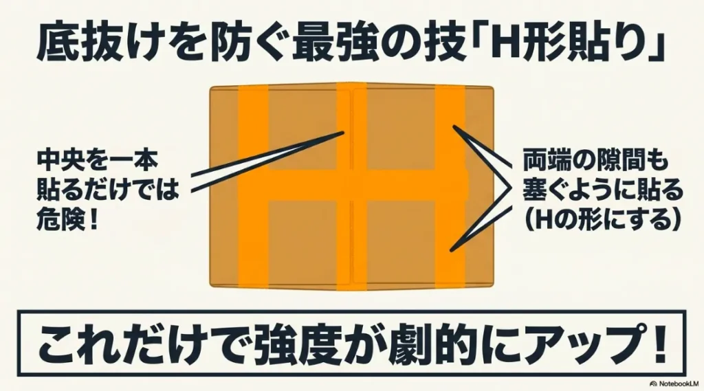段ボールの底抜けを防ぐため、中央と両端の隙間を塞ぐようにテープを貼るH形貼り