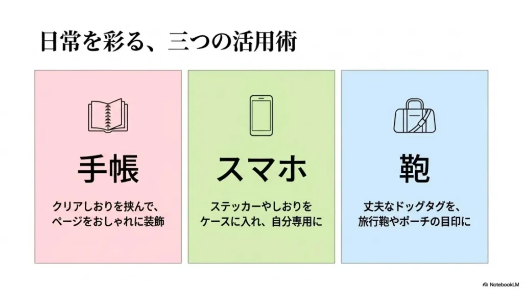 手帳の装飾、スマホケースのカスタマイズ、鞄の目印など、クリアしおりやドッグタグを使った具体的な活用方法