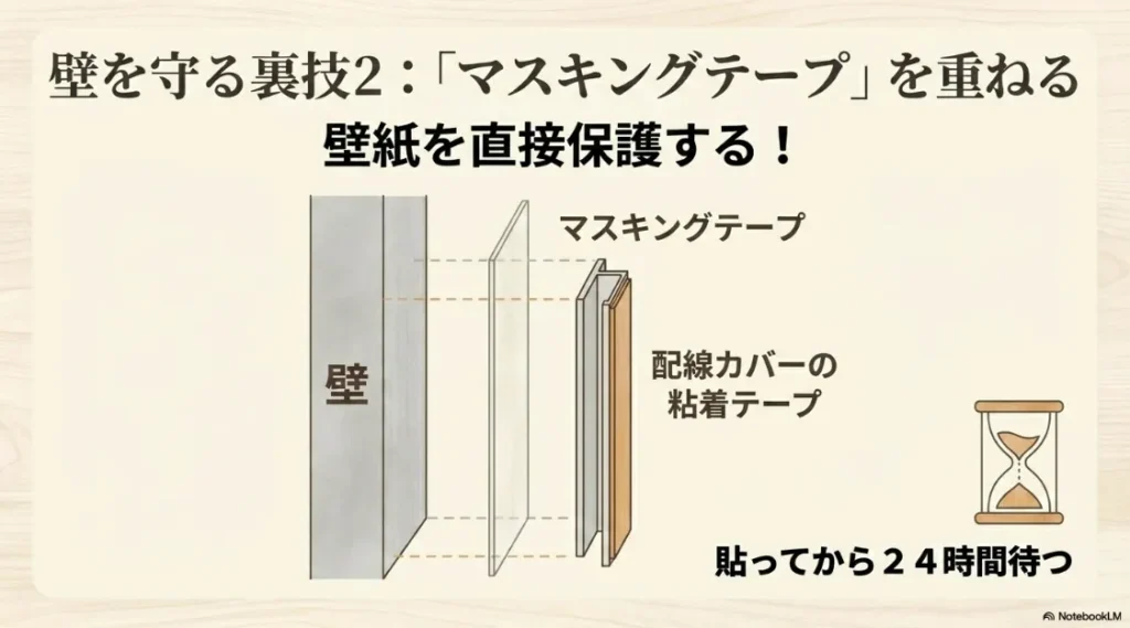 壁紙の上にマスキングテープを貼りその上から配線カバーを固定する手順